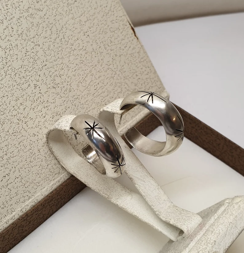 Ohrringe Creolen Mexico Silber 925 Zeichen Symbole Sterne selten Vintage elegant SO104 – Bild 3