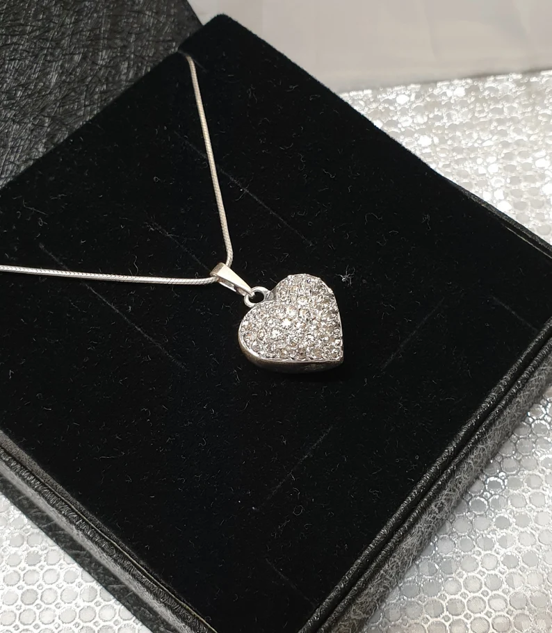 Anhänger Silberanhänger Herz bauchig Silber 835 massiv Kristalle klar Glitzer Vintage SKA1714
