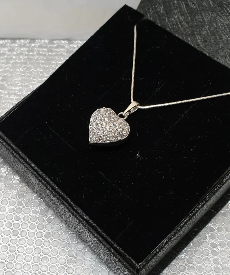 Anhänger Silberanhänger Herz bauchig Silber 835 massiv Kristalle klar Glitzer Vintage SKA1714 – Bild 2