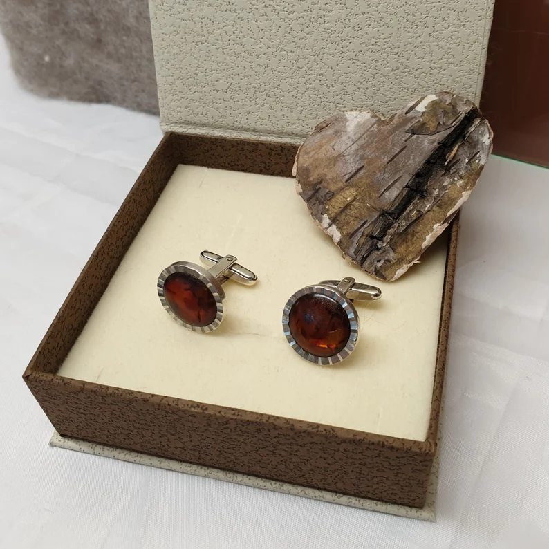 Manschettenknöpfe Cufflinks Silber 835 Bernstein Vintage nostalgisch edel MS249