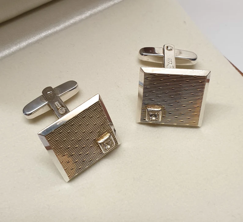 Manschettenknöpfe Cufflinks Silber 835 teilvergoldet Kristall edel Vintage Design MS252 – Bild 3