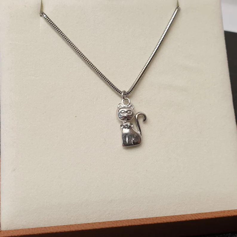 44 cm Kette mit Anhänger Schlangenkette Halskette Silber 925 mit Anhänger Katze mit Kristalle Vintage Italien SKA1547 – Bild 4