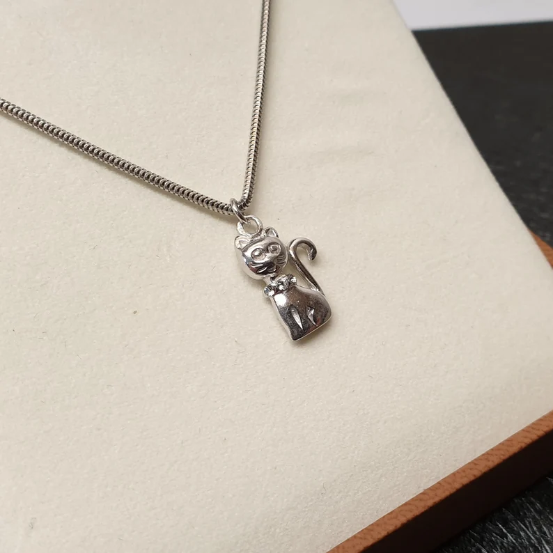 44 cm Kette mit Anhänger Schlangenkette Halskette Silber 925 mit Anhänger Katze mit Kristalle Vintage Italien SKA1547 – Bild 3