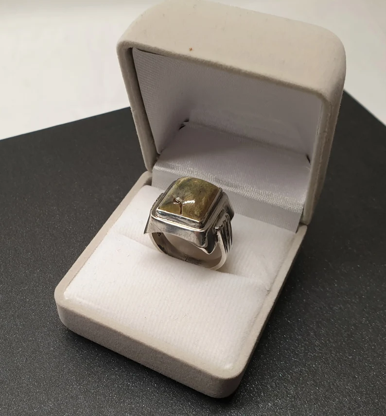 17,7 mm Nostalgischer Silberring Ring Silber 900 Speckstein grau grün Vintage elegant SR1479 – Bild 4
