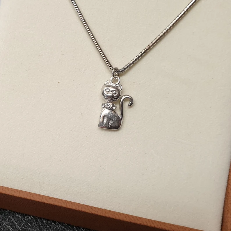 44 cm Kette mit Anhänger Schlangenkette Halskette Silber 925 mit Anhänger Katze mit Kristalle Vintage Italien SKA1547 – Bild 2