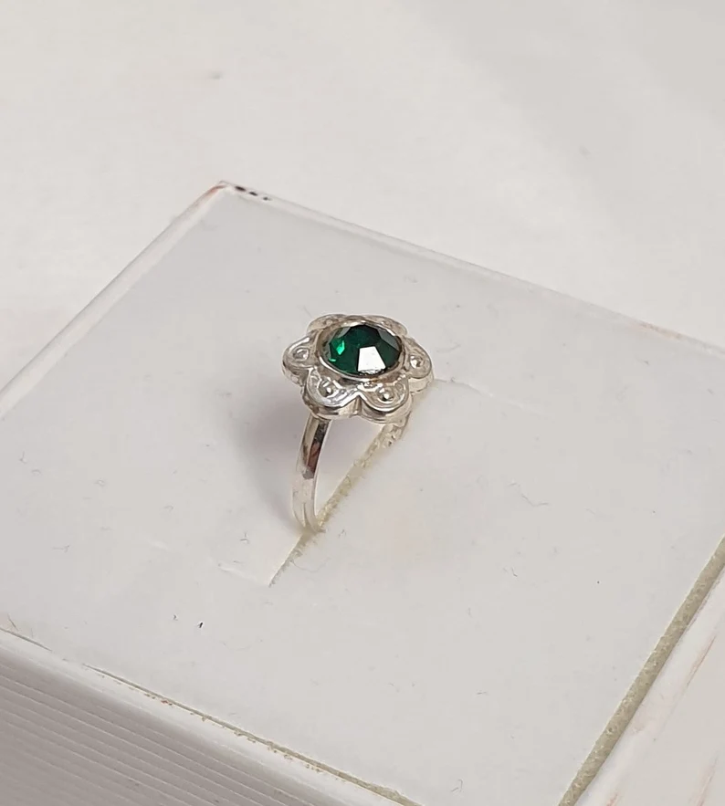 13,6 mm Nostalgischer Kinder Ring Blume Silber 830 Kristall grün Shabby Vintage SR1353 – Bild 3