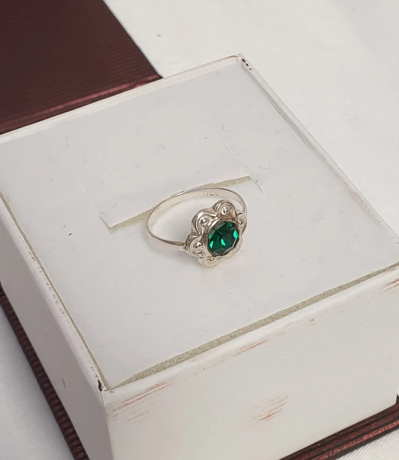 13,6 mm Nostalgischer Kinder Ring Blume Silber 830 Kristall grün Shabby Vintage SR1353 – Bild 5