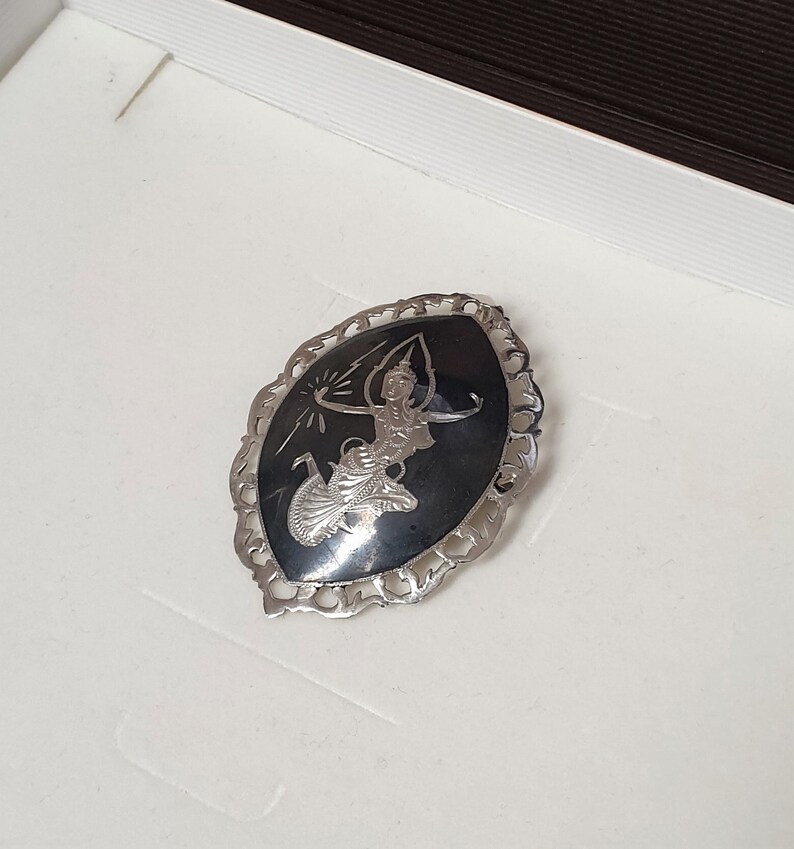 Vintage Brosche Anstecknadel Siam Sterling Tempeltänzerin Silber 925 Niello Emaille schwarz SB106 – Bild 2