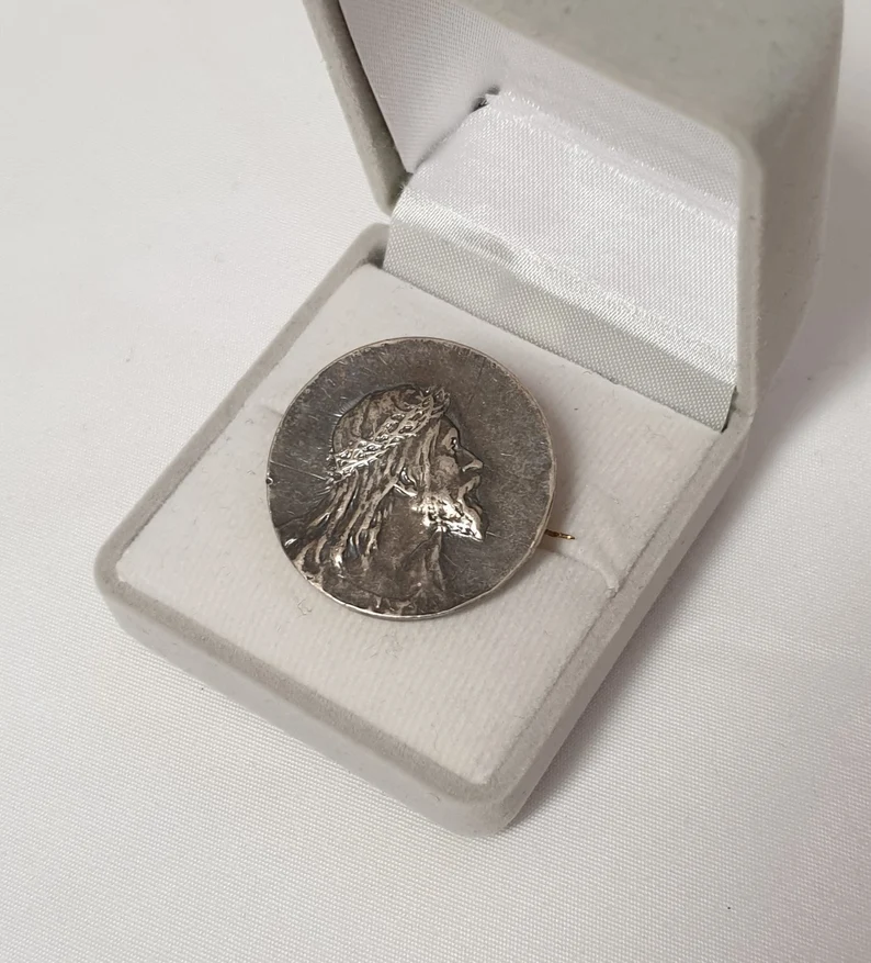 Brosche Anstecknadel Jesus Kopf Silber 800 Shabby Vintage nostalgisch SB183