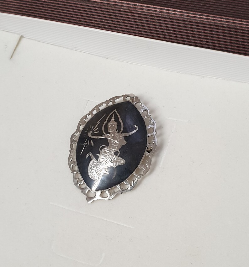 Vintage Brosche Anstecknadel Siam Sterling Tempeltänzerin Silber 925 Niello Emaille schwarz SB106