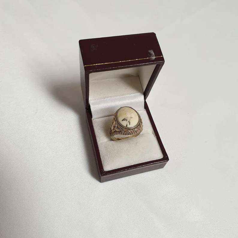 19,3 mm Nostalgischer Ring Silber Silver teilvergoldet Knochen Malerei filigran Schmetterling Vogel Blumen selten rar SR1413 – Bild 5