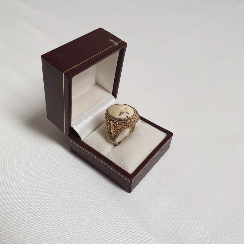 19,3 mm Nostalgischer Ring Silber Silver teilvergoldet Knochen Malerei filigran Schmetterling Vogel Blumen selten rar SR1413 – Bild 3