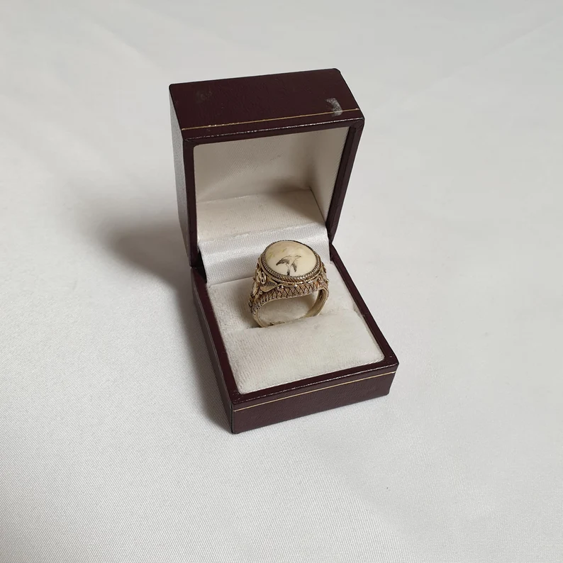 19,3 mm Nostalgischer Ring Silber Silver teilvergoldet Knochen Malerei filigran Schmetterling Vogel Blumen selten rar SR1413 – Bild 2