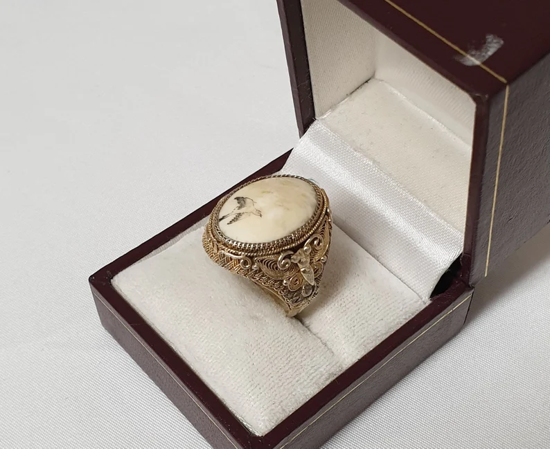 19,3 mm Nostalgischer Ring Silber Silver teilvergoldet Knochen Malerei filigran Schmetterling Vogel Blumen selten rar SR1413