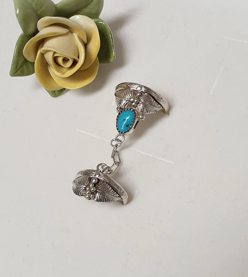 19 mm und 18 mm Ring Ringe Doppelring Silber 925 Sterling Türkis Indianer Schmuck Vintage Silberschmiede Kunst SR1402 – Bild 5