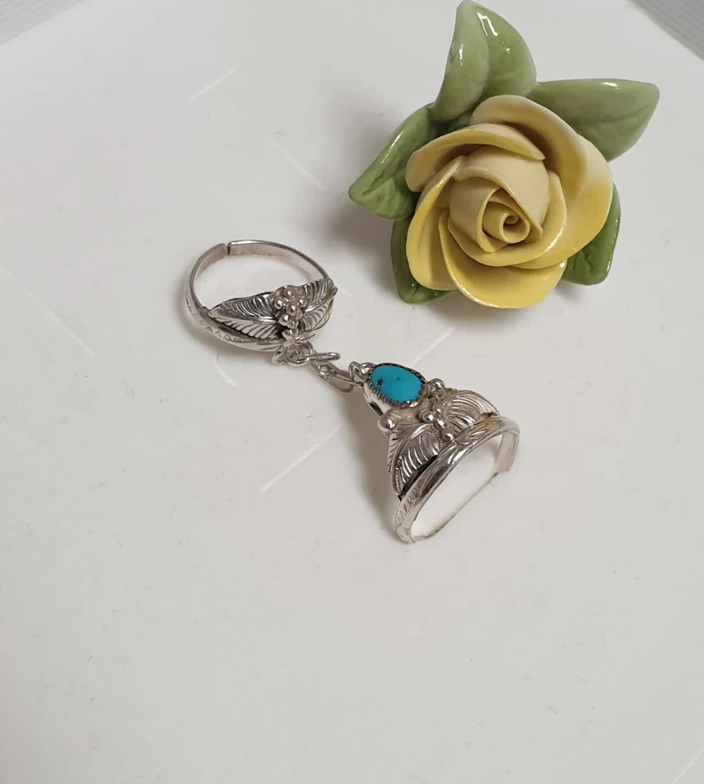 19 mm und 18 mm Ring Ringe Doppelring Silber 925 Sterling Türkis Indianer Schmuck Vintage Silberschmiede Kunst SR1402 – Bild 4