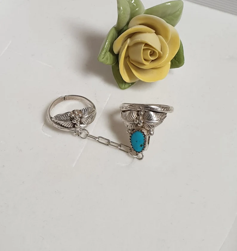 19 mm und 18 mm Ring Ringe Doppelring Silber 925 Sterling Türkis Indianer Schmuck Vintage Silberschmiede Kunst SR1402 – Bild 3