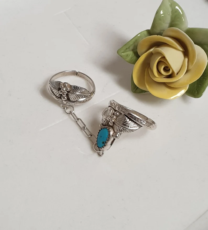 19 mm und 18 mm Ring Ringe Doppelring Silber 925 Sterling Türkis Indianer Schmuck Vintage Silberschmiede Kunst SR1402 – Bild 2