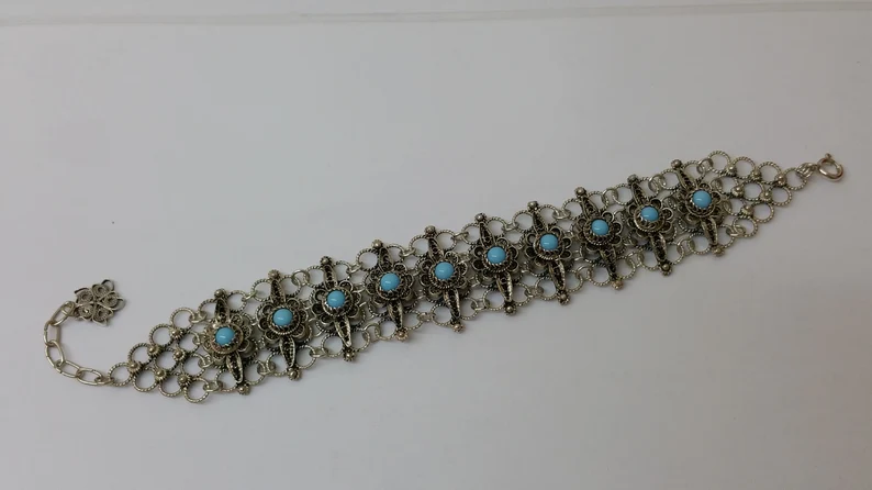 19 - 22 cm Armband Gliederarmband Silber Achat hellblau filigran Silberschmiedearbeit Shabby Vintage selten rar SA302 – Bild 3