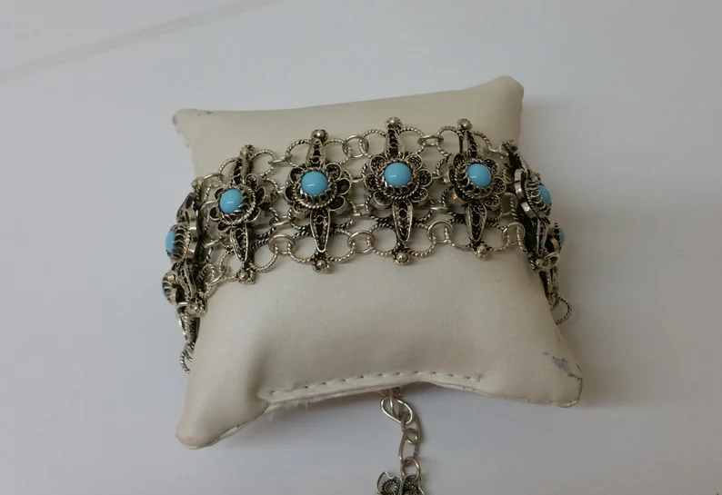 19 - 22 cm Armband Gliederarmband Silber Achat hellblau filigran Silberschmiedearbeit Shabby Vintage selten rar SA302