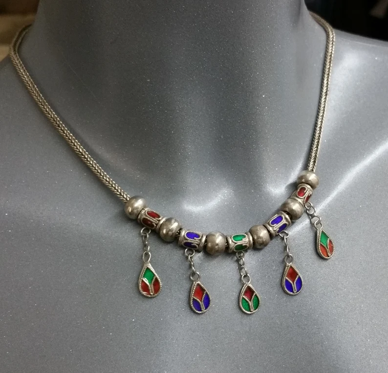 44 cm Kette Halskette Collier Silber 925 Hängeelemente Emaille Einlage Schlangenkette Silberschmiede Kunst Vintage selten rar SK993 – Bild 4