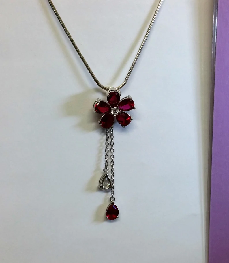 Anhänger Silberanhänger Silber 925 Blume Blüte Kristalle rot & klar Vintage elegant SKA637