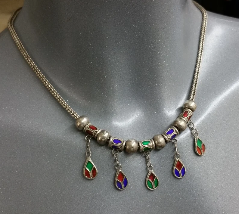 44 cm Kette Halskette Collier Silber 925 Hängeelemente Emaille Einlage Schlangenkette Silberschmiede Kunst Vintage selten rar SK993 – Bild 3