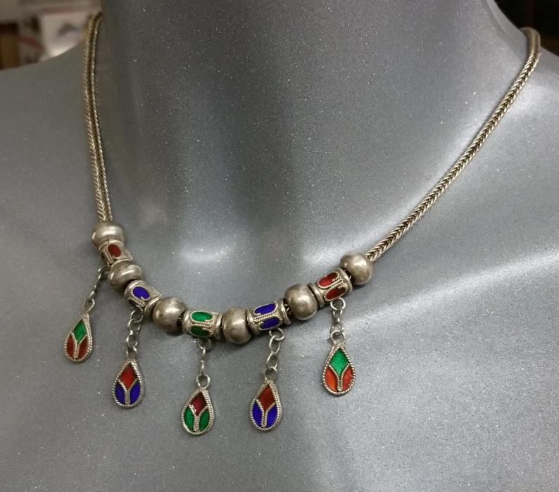 44 cm Kette Halskette Collier Silber 925 Hängeelemente Emaille Einlage Schlangenkette Silberschmiede Kunst Vintage selten rar SK993 – Bild 2