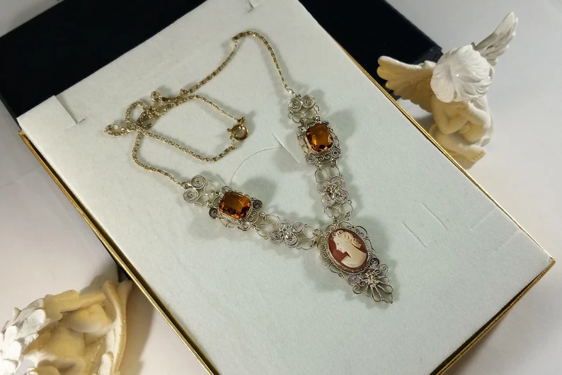 48 cm Halskette Kette Collier filigran Silber Citrin Gemme Kamee antik Jugendstil Silberschmiede Kunst filigran SK571 – Bild 4