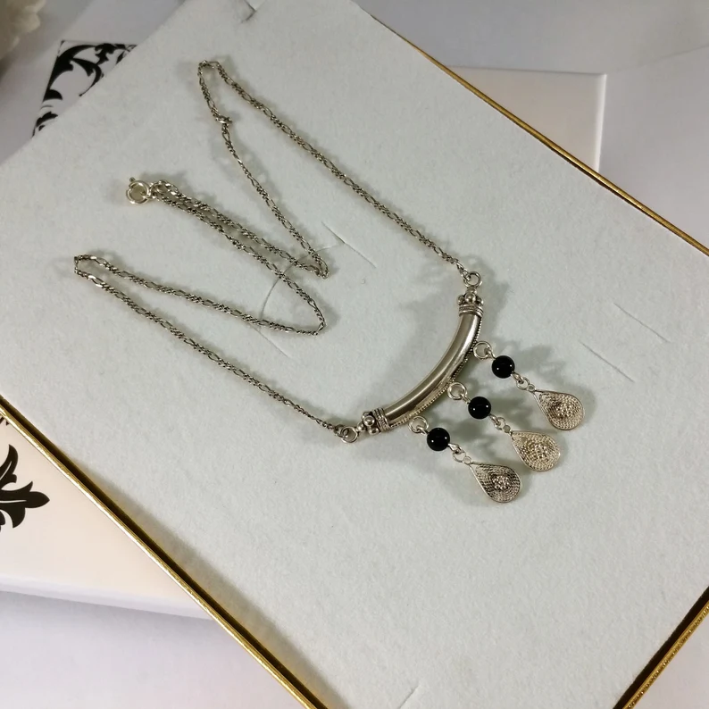 46,5 cm Nostalgische Silberkette Figaro Kette Halskette Collier Silber 925 Onyx Kugeln schwarz Vintage elegant SK659