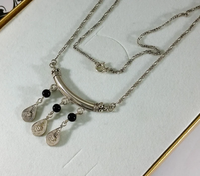46,5 cm Nostalgische Silberkette Figaro Kette Halskette Collier Silber 925 Onyx Kugeln schwarz Vintage elegant SK659 – Bild 2