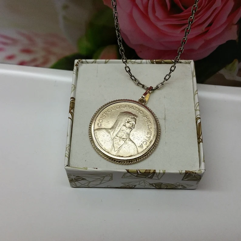 Anhänger Silberanhänger Silber 835 Münze 5 Franken Helvetica 1932 Vintage selten rar SKA947 – Bild 4