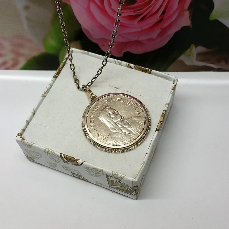 Anhänger Silberanhänger Silber 835 Münze 5 Franken Helvetica 1932 Vintage selten rar SKA947 – Bild 2