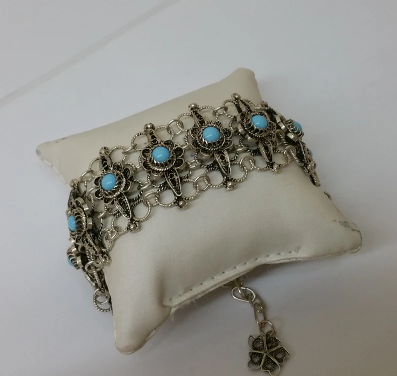 19 - 22 cm Armband Gliederarmband Silber Achat hellblau filigran Silberschmiedearbeit Shabby Vintage selten rar SA302 – Bild 2