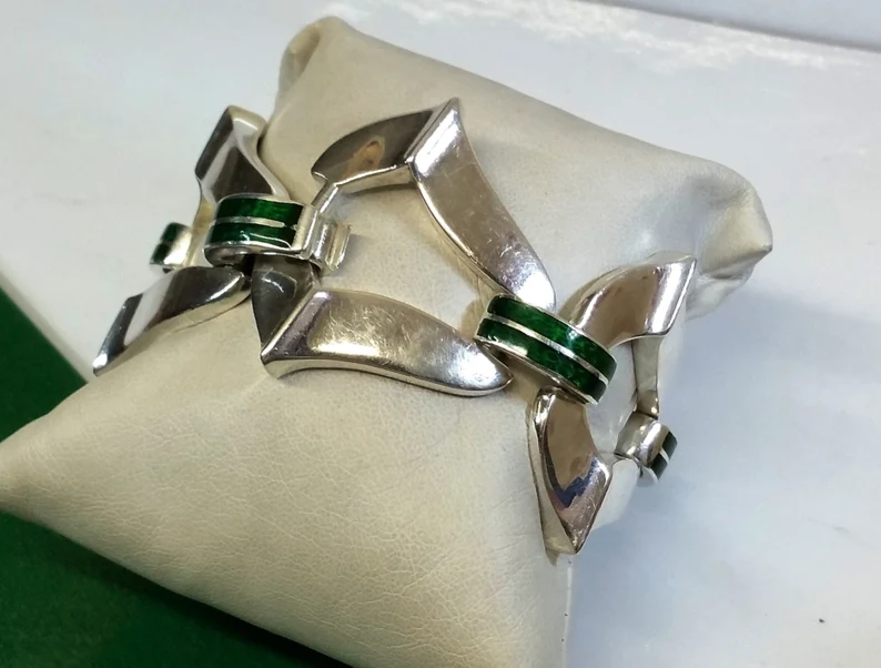 20,5 cm Prächtiges Armband Silber 925 Emaille grün massive Verarbeitung SA202