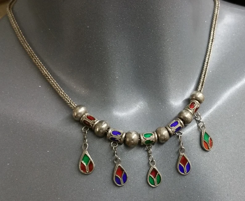 44 cm Kette Halskette Collier Silber 925 Hängeelemente Emaille Einlage Schlangenkette Silberschmiede Kunst Vintage selten rar SK993