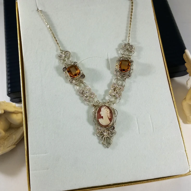 48 cm Halskette Kette Collier filigran Silber Citrin Gemme Kamee antik Jugendstil Silberschmiede Kunst filigran SK571 – Bild 3