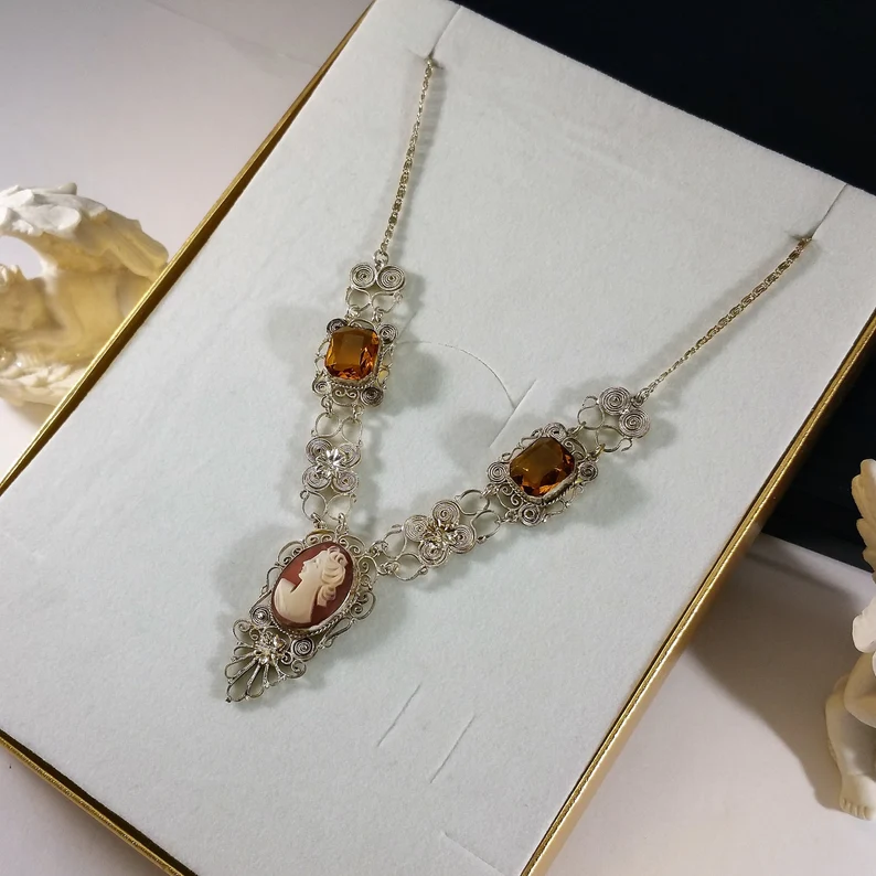 48 cm Halskette Kette Collier filigran Silber Citrin Gemme Kamee antik Jugendstil Silberschmiede Kunst filigran SK571