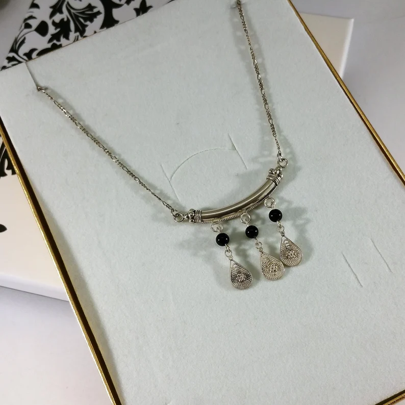 46,5 cm Nostalgische Silberkette Figaro Kette Halskette Collier Silber 925 Onyx Kugeln schwarz Vintage elegant SK659 – Bild 3