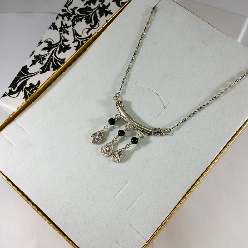 46,5 cm Nostalgische Silberkette Figaro Kette Halskette Collier Silber 925 Onyx Kugeln schwarz Vintage elegant SK659 – Bild 4