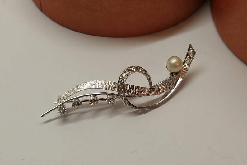Design Brosche Anstecknadel Silber 925 Perle und Kristalle Vintage elegant SB233