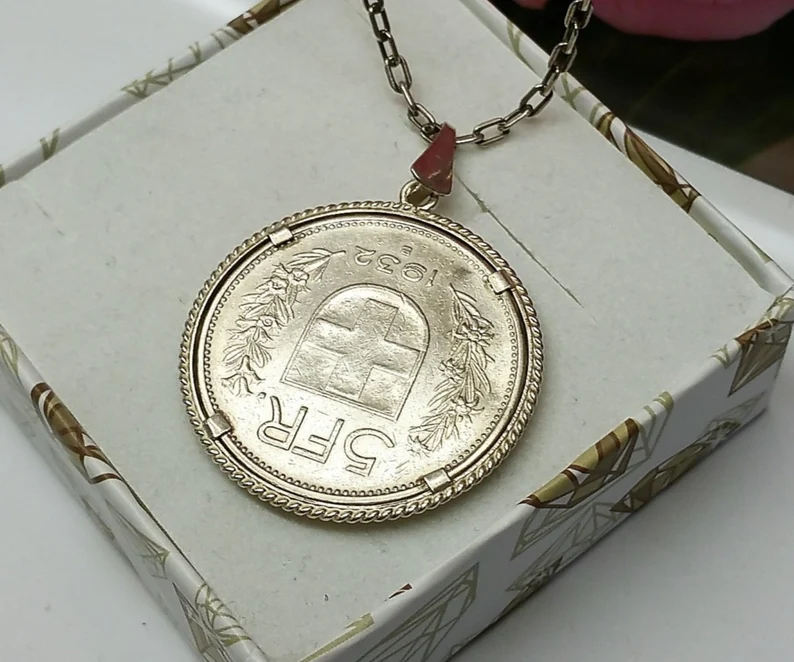 Anhänger Silberanhänger Silber 835 Münze 5 Franken Helvetica 1932 Vintage selten rar SKA947