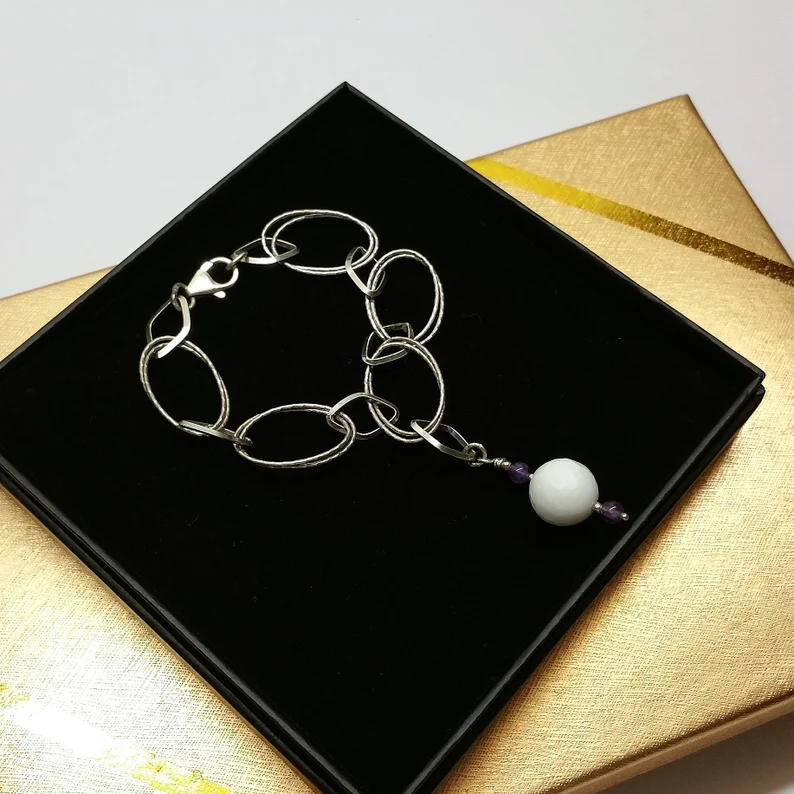 17,5 cm Armband Gliederarmband mit Anhänger mit Perlen 925 Silber große Glieder Unikat SA266