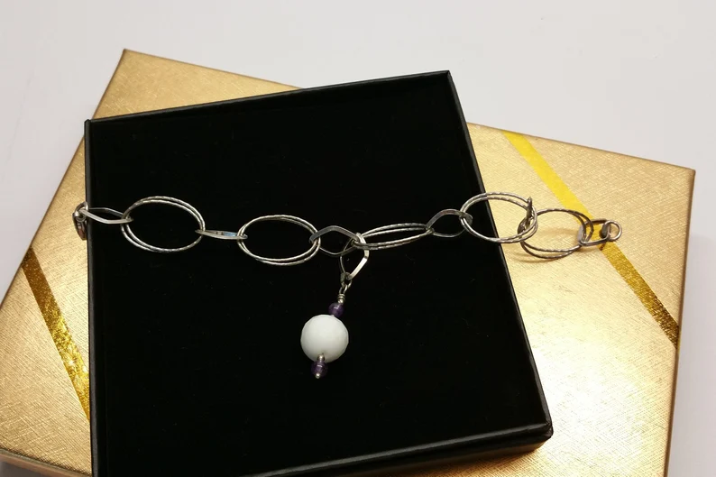 17,5 cm Armband Gliederarmband mit Anhänger mit Perlen 925 Silber große Glieder Unikat SA266 – Bild 3