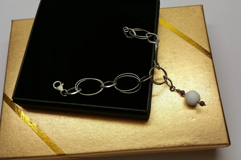 17,5 cm Armband Gliederarmband mit Anhänger mit Perlen 925 Silber große Glieder Unikat SA266 – Bild 2