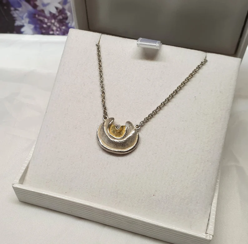 38 cm Kette Halskette Silber 925 mit Anhänger teilvergoldet Diamant Silberschmiede edel Vintage SK793 – Bild 4