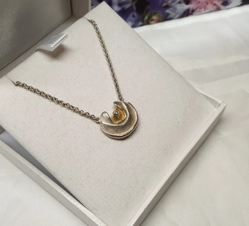 38 cm Kette Halskette Silber 925 mit Anhänger teilvergoldet Diamant Silberschmiede edel Vintage SK793 – Bild 3