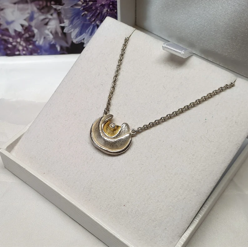 38 cm Kette Halskette Silber 925 mit Anhänger teilvergoldet Diamant Silberschmiede edel Vintage SK793 – Bild 2