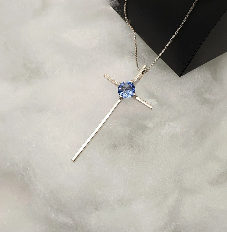 Anhänger Silberkreuz Silberanhänger ohne Kette Kreuz Silber 925 Kristall blau elegantes Design Vintage SKA965 – Bild 3