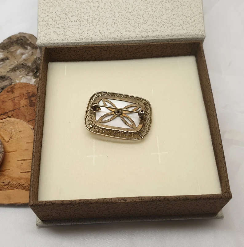 Antike Brosche Anstecknadel Silber 835 vergoldet Perlmutt Türkis Saatperlen Shabby Vintage Nostalgie SB252 – Bild 2